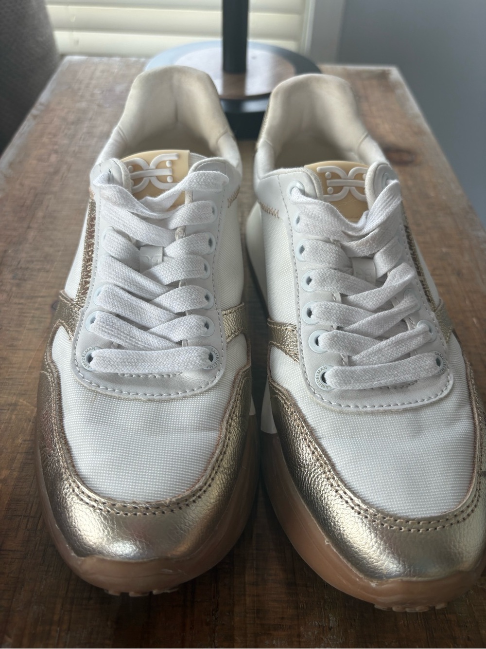 Sam Edelman White and Metallic Gold Platform Sneakers - Picture 3 of 8